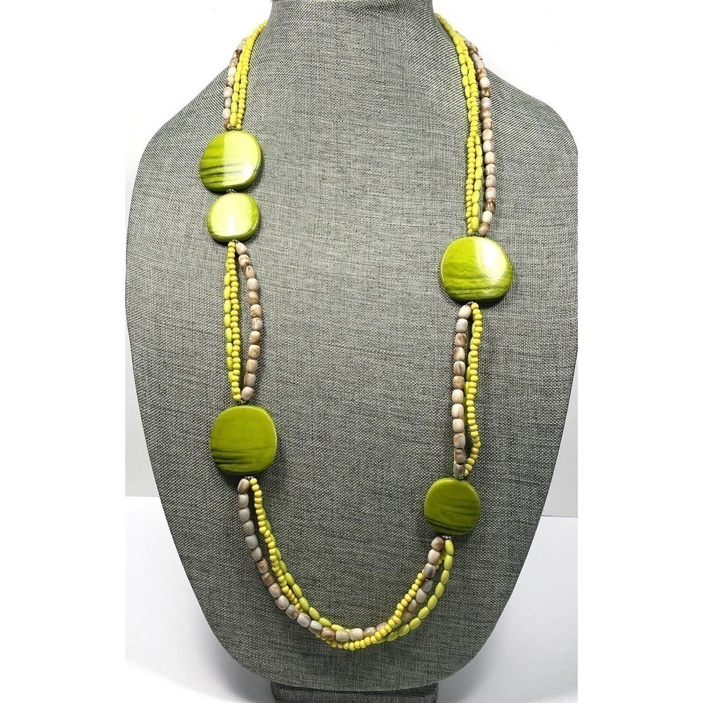 Necklace Statement Green Beige Multi Strands Asym… - image 5